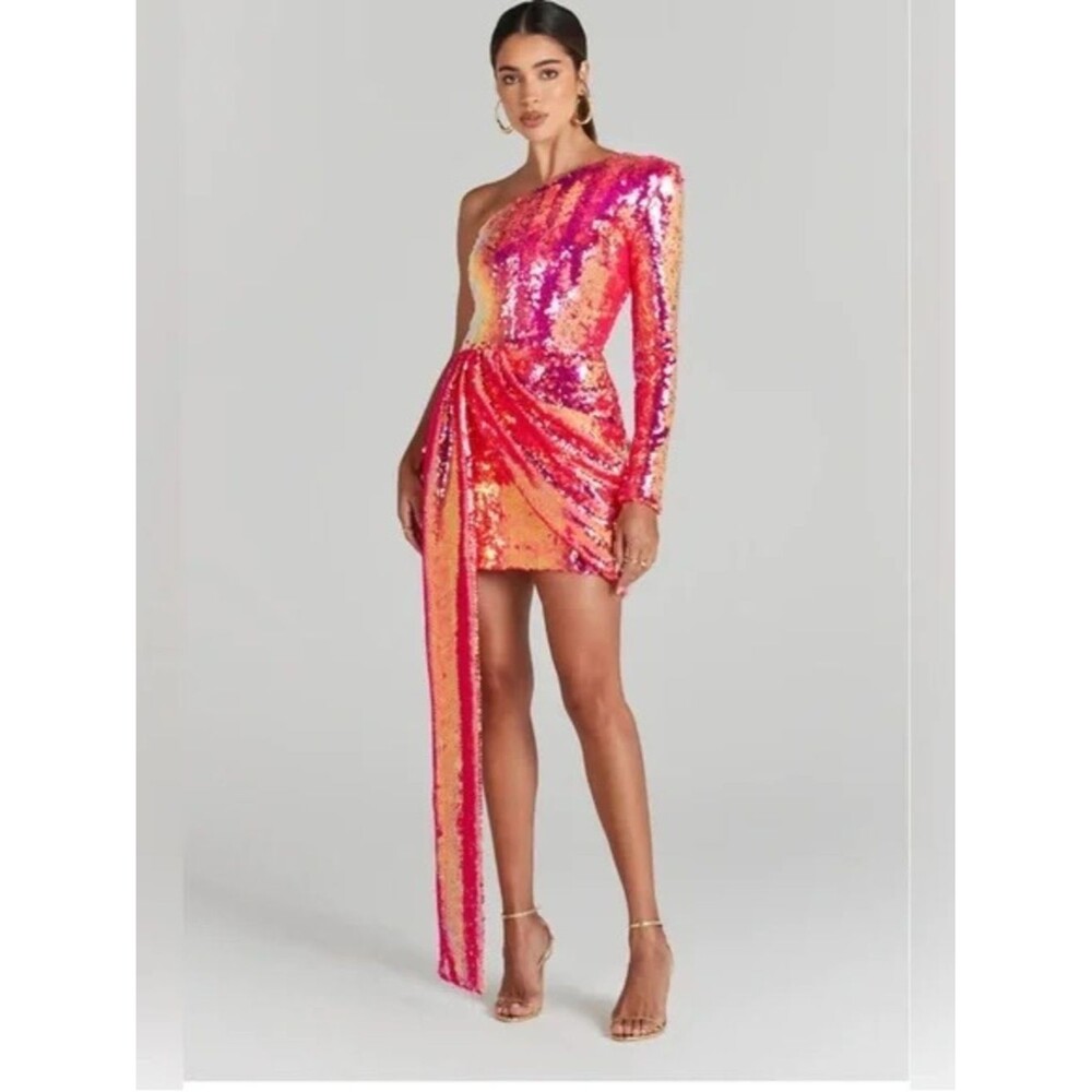 Nadine Merabi Celina Dress Large Hot Pink Sequin One Shoulder Asymmetric NWT